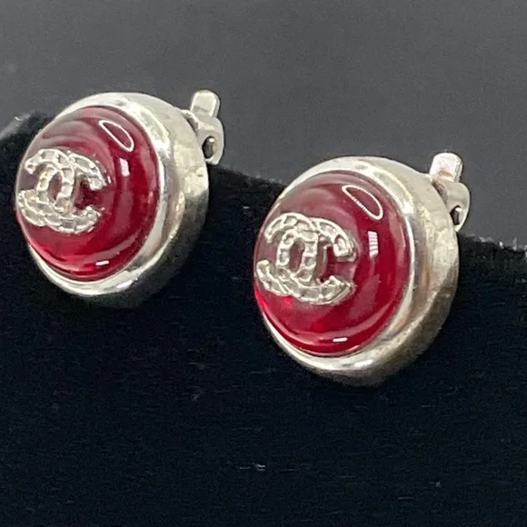 Chanel Silver and Red Gripoix Clip Earrings